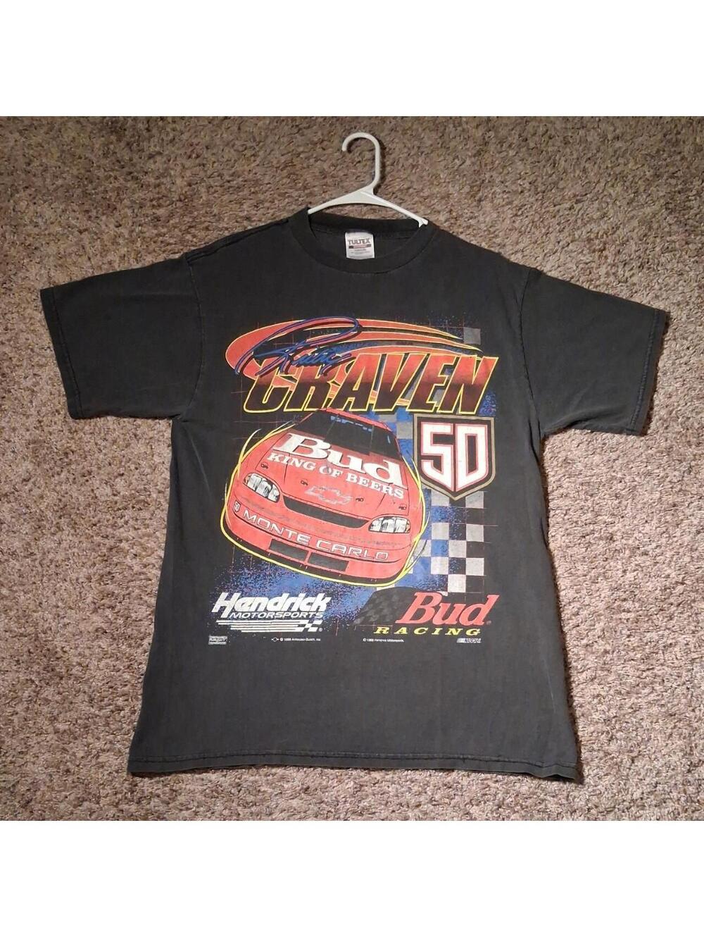 NASCAR Rusty Graven Budweiser Racing Tee with red race car graphic, size L